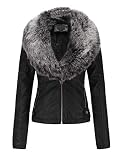 Giolshon Damen Kunstlederjacke Kurz Biker Mantel Winterjacket mit Abnehmbarem Kunstpelzkragen 9201 Schwarzgrau S