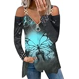 GFGHH Damen Langarmshirt Herz Blumenmuster Aufdruck Drucken Oberteile Schulterfrei T-Shirt Pullover Casual Bluse Tunika Sweatshirt Sommer Sexy Elegant V-Ausschnitt Locker Tops Mädchen Teenager S