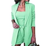 ZYYM Damen Elegant Langarm Blazer Sakko Einfarbig Slim Fit 3 Stück Mantel Shorts Anzugsets für Frühling Sommer Damen Shorts und Blazer Zweiteiler Blazer Sommershorts Outfit Elegant Business Anzug