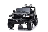 Elektroauto für Kinder JEEP Wrangler, Schwarz, Doppelledersitz, Radio mit Bluetooth- und USB-Eingang, Allradantrieb, 12V10Ah-Batterie, EVA-Räder, Aufhängungsachsen, 2,4-GHz-Fernbedienung, L