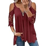FAQIAN Damen Sexy Schulterfrei Aushöhlen Spitzenbesatz Rüschen Dip Saum Halbe Ärme Tiefer V-Ausschnitt Reißverschluss Spaghetti Strape Cami Shirts Tunika Tops Frauen Einfarbig Lose Coole T-shirt B