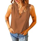 DOMBX Damen Camisole Sommer Ärmellos Tiefer V-Ausschnitt Spitzenbesatz Cool Leicht Weich Chiffon Seide Tanktop Weste Cami Shirts Fraune Casual Sexy Lose Einfarbig Spitze Blumen Bequem T-Shirt B