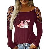 Damen Frühling T-Shirt Langarm Schulterfrei Oberteil Rundhals Valentinstag Shirts mit Strass Off Shoulder Aushöhlen Tunika Tops Casual Bluse Valentinstag Drucken Jumper Pullover (Wein,L)