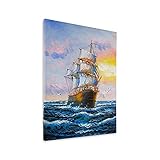 100% handgemaltes Ölgemälde auf Leinwand Segelboot im Wind und Wellen Wandkunst Sonnenuntergang Landschaft modern abstrakte Heimdekoration mit gerahmt 30,5 x 40,6