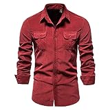 Hemd Herren Slim Fit Kent Kragen Cord Hemd Herren Mode Britischer Stil Lassig Hemd Herren Klassisch Knopfleiste Langarm Shirt Herren Mit Brusttasche D-Red XL