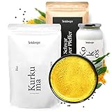 Bio Goldene Milch Pulver Set ohne Zucker | Über 100 Portionen Großpackung (1075g) | Mit Bio Kurkuma Pulver 500g, Bio Kokosöl 500ml, Bio Schwarzer Pfeffer 100g