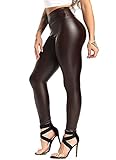 INSTINNCT Damen Kunstleder High Waist Leggings Skinny PU Leder Hose Leder-Optik Strumpfhosen Treggings Braun (Dünner Flaum) M