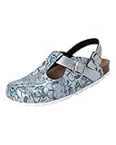 CLINIC DRESS Clog - Clogs Damen bunt Motiv. Schuhe für Krankenschwestern, Ärzte oder Pflegekräfte hellblau metallic, Schmetterlinge 41