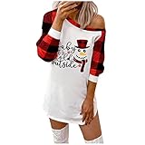 BUKINIE Lustige süße Weihnachtshemden für Frauen Weihnachten Grafik Brief Plaid gedruckt Sweatshirt Casual Schulterfrei Langarm Tops Blusen, C-rot, Larg