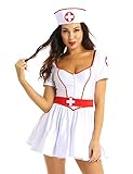 iEFiEL Krankenschwester Kostüm für Damen und Mädchen Halloween Karneval Fasching Kleid V-Ausschnitt Minikleid Tütü mit Haube Verkleidung Weiß S