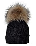 MERRYLAND Mütze XXL Echtfellbommel Pudelmütze Bommelmütze ECHTFELL Hat Real Fur Handmade Fellbommel Echt Fell Bommel Strickmütze Pelzbommel Waschbär R