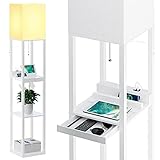 SUNMORY Stehlampe Wohnzimmer, Stehlampe mit Regal aus Massivholz, 3 Farbtemperaturen, 2 USB-Ladeanschlüsse und 1 Schublade, Stehlampen für Wohnzimmer, Schlafzimmer, Stehlampe Weiß（Mit Glühbirne）