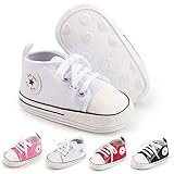 BiBeGoi Baby-Sneaker für Jungen und Mädchen, aus Segeltuch, hohe Schnürung, Freizeitschuhe für Neugeborene, Krippenschuhe, Lauflernschuhe, Schwarz - B01 weiß mit Gummisohle - Größe: 12-18 M