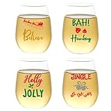 Bruchsichere Weingläser, aus Kunststoff, unzerbrechliches Glas mit Weihnachtszitaten von Bah Humbug, Believe, Holly Jolly, und Jingle All The Way Weihnachtszitaten, 4 Stück
