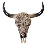 Mendler Deko Schädel 31cm HWC-C15, Polyresin Stier Bulle Longhorn Kopf Trophäe mit Tribal, In-/O