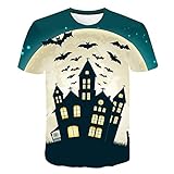 Wijider Kurzarmhemden Herren，Herrenmode 3D Halloween Castle Bedruckte T-Shirts Hemden Rundhals Kurzarm Casual T-Shirt Atmungsaktive Tops T-Shirts-XXXXL