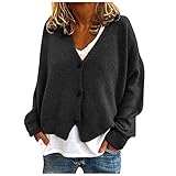 Einfarbig Knopf Strickjacke Damen Langarm V-Ausschnitt Strickmantel Lose Casual Knopfleiste Cardigan Jacke Freizeit Herbst Winter Knitwear Outerwear Locker Sitzende Strickcardigan Pullover M