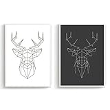 Flanacom Design Poster 2er Set A3 Schwarz Weiß - hochwertiger Kunstdruck auf Hochglanz Premiumpapier - Moderne Bilder/Deko Wohnung - Motiv Polygon Hirsch Geometrisch (27 x 42 cm)