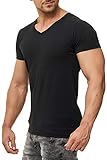 Herren T-Shirt V Ausschnitt aus feiner Baumwolle, Kurzarm, einfarbig, Größe:4XL, Farbe:Schw