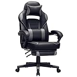 SONGMICS Gamingstuhl, Schreibtischstuhl mit Fußstütze, Bürostuhl mit Kopfstütze und Lendenkissen, höhenverstellbar, ergonomisch, 90-135° Neigungswinkel, bis 150 kg belastbar, schwarz-grau OBG073B03