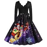 Damen Weihnachten Kleider Langarm Weihnachtskleid Vintage Hepburn Cocktailkleid Baiomawzh Lange Ärmel Elegant Weihnachten Druck Partykleid A-Linie Swing Kleid Dress Christmas Kostüm Max