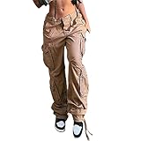 Damen Low Waist Wide Leg Cargo Jeans Ästhetische Vintage Baggy Taschen Hosen Freizeithose Y2K E-Girl Streetwear (Khaki, M)