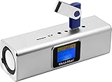 Musicman MA Soundstation Stereo-Lautsprecher mit integriertem Akku und LCD Display (MP3 Player, Radio, MicroSD Kartenslot,USB Steckplatz) silb
