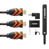 SEBSON 3X HDMI Kabel 2m 2.0b Highspeed mit Ethernet, 4K/60Hz UHD 2160p FHD 1080p 3D HDR ARC Audio Return - mit Winkelstecker, Kupplung, Kabelbinder, Kabel Clip