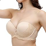 Damen Trägerloser Push Up Spitze BH Dick Gepolstert Clear Strap Back Convertible Multiway Bügel-BH - Beige - 85B