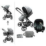 Kombination Kinderwagen 3 in 1 - GIULIA - Autositz BEONE (Griff 0+) empfohlen 4 Sterne ADAC - Wickeltasche + Regenschutz - Nania (grau)