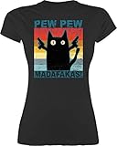 Sprüche Statement mit Spruch - Pew Pew Madafakas Katze Vintage - L - Schwarz - Tshirt Damen Katze - L191 - Tailliertes Tshirt für Damen und Frauen T-S