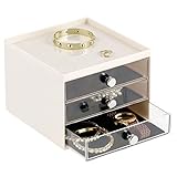 mDesign Schmuck Organizer – Aufbewahrungsbox aus transparentem Kunststoff mit DREI Schubladen – Schmuckaufbewahrung für Kommode oder Waschtisch – cremefarben/durchsichtig