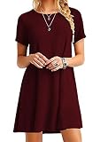 OMZIN Sommerkleid Damen Knielang Kleid Sommer Kleider T-Shirt Tunika Kurzarm Freizeitkleid Blumen Elegant Swing Weinrot L