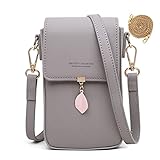HAIWILL Kleine Handytasche zum Umhängen Damen Handy Umhängetasche Veganes Leder Schultertasche Blatt Anhänger Crossbody Elegant Brieftasche Frau Phone Tasche für iPhone 13/13 Pro/12/11/X (Grau)