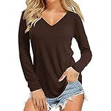 Frauen Solide Casual V Basic Loose Tee Tops Shirts Lange Hals T Ärmel Damen Bluse, braun, S