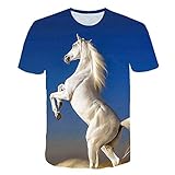 RFEGEF Unisex 3D Druck T-Shirt,Neuheit 3D-Gedruckte T-Shirts Springen Weißes Pferd Tier Blau Lässig Crewneck Krawattenfarbe Kurzarm Für Männer Frauen Sommer Lässig Grafik T-Shirts, XXXXL