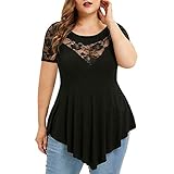 SUCCESS Bluse Damen Kurzarm Spitze Oberteil Tops Damen Sommer Asymmetrisch Groß Größe Shirt Sexy Perspektive Rundhals Einfarbig T-Shirt Oberteile Elegantes Charmant Tunika Top