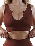 SHAPERIN Damen Bauchfrei Oberteile Sport Crop Top Tief U Ausschnitt Fitness Kurz Shirt Mädchen Sommer Sexy Push up Tank Tops Ärmelloses Knitted Vest Sportlich Freizeit Streetwear(Braun,L)
