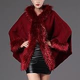 Smejs Herbst- und Winter-Pelzkragen mit Kapuze gestrickte Strickjacke-Schal-Manteljacke-Frauen-warmes Schal (Color : Red, Size : One size)