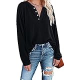 Herbst Und Winter Damen Casual Fashion V-Ausschnitt Einfarbig Langarm-Bodenhemd Pullover Button Top Lose T-Shirt F