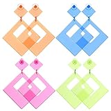 BIGKASI 4 Paar 80er Jahre Neon Ohrringe Karneval Party Ohrringe Rhombus Personalisierte Retro Ohr Schmuck Damenmode Neonfaben Acryl Ohrhänger im Rockabilly Stil für Frauen 1980s Kostümparty M