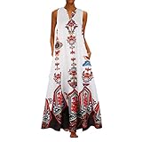 BOIYI Frauen Casual Kleider Plus Size Waist Volant minikleid Strandkleid Boho maxikleid lang mit Schlitz Tshirt Rundhals Bowknot ärmeln Muster(Weiß,XXXXL)