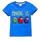 Lustiges T-Shirt mit Aufdruck „Among us“ und „Impostor“-Figuren aus dem gleichnamigen beliebten Computerspiel, für Kinder, blau, 9-10 J