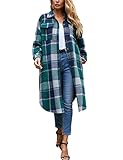PUWEI Damen Casual Revers Button Down Long Plaid Shirt Coat Tartan Shacket Jacket (Grün, Small)