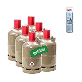 CAGO 6 x Propan-Gas-Flasche 5kg gefüllt, voll, inkl. Lecksuchspray für Camping, Gasgrill, Gask