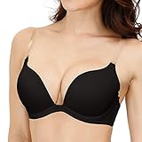 HWDI Damen Plunge Deep V Push Up Low Back Convertible BH mit transparenten Trägern und Verlängerung Gepolstert Multiway Brasiere, schwarz, 90B