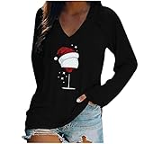 Weihnachtspullover Damen Teenager Mädchen Langarm Weihnachten Pullover Rotweinglas Bedruckte Weihnachtsbluse Grafik Sweatshirts V Ausschnitt Regular Fit Lässige Bequeme Christmas Theme B