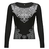 EJDVF Damen Slim Sexy Eng anliegendes T-Shirt, Langarm Printed Rowan Retro Shirt Top ist weich und bequem Herbst Black A-S