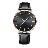 Männer Ultra Slim Business Uhren Analoge Quarz mit Lederarmband Minimalistische Armbanduhren Rose Golden/Schwarz (eingebauter Akku)