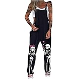 Damen Punk Latzhose, Dunkelschwarzer Totenkopf Bedruckter Overall, Lose Strandparty Outfit Dehnbar Lange Jumpsuit Strampler, Riemenschlinge Strampelhöschen Playsuit(Schwarz,XXL)